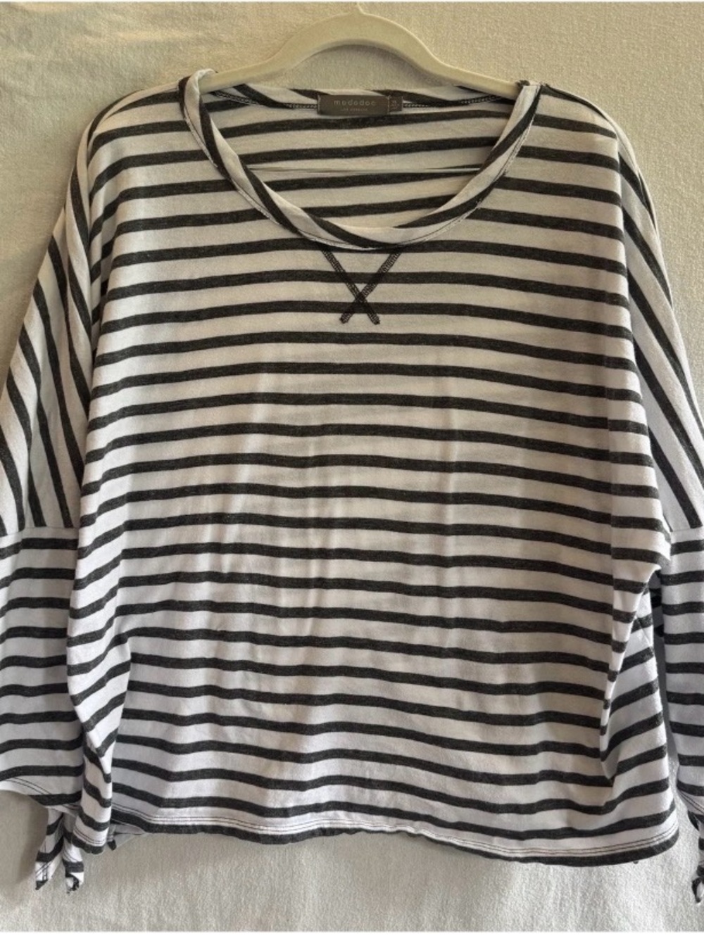 mododoc Top Women XL White/Gray Striped Tie Sleeve Relaxed Fit Nautical Coastal